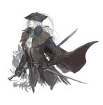  1girl ascot bangs bloodborne cape coat cravat double-blade gem gloves hat hat_feather highres holding holding_sword holding_weapon jewelry lady_maria_of_the_astral_clocktower long_hair looking_at_viewer open_mouth pilgrim_(silentreverie) ponytail rakuyo_(bloodborne) simple_background solo sword the_old_hunters tricorne weapon white_background white_hair 