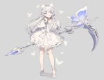  1girl absurdres animal animal_ear_fluff animal_ears arm_behind_back bow breasts bug butterfly choker closed_mouth frills gogoco grey_background grey_hair half-closed_eyes heart highres holding holding_scythe holding_weapon insect large_breasts long_hair original scythe simple_background smile violet_eyes weapon white_bow white_choker white_legwear white_theme 