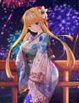  1girl aerial_fireworks alice_zuberg bangs blonde_hair blue_eyes blush breasts closed_mouth commentary_request fireworks floral_print flower flower_request hair_flower hair_intakes hair_ornament hand_up highres japanese_clothes kimono large_breasts lnji_(rnlwls34) long_hair long_sleeves looking_at_viewer night night_sky obi outdoors print_kimono railing red_flower sash sky skyline smile solo star_(sky) starry_sky sword_art_online white_flower wide_sleeves yukata 