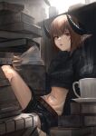  1girl abs absurdres belt book brown_hair coffee_mug commentary crop_top cup eyebrows_visible_through_hair highres holding holding_book horns looking_at_viewer midriff monster_girl mug orange_eyes original parted_lips pointy_ears quill savuxan short_hair short_shorts shorts sitting solo steam sweater turtleneck turtleneck_sweater 