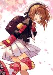  antenna_hair backpack bag cardcaptor_sakura green_eyes highres inline_skates kinomoto_sakura looking_at_viewer namiharuru open_mouth petals roller_skates school_uniform short_hair skates skirt tomoeda_elementary_school_uniform very_short_hair white_headwear white_skirt 