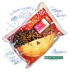  english_text food food_focus food_request highres momiji_mao no_humans original pastry plastic_wrap signature simple_background still_life translation_request white_background 