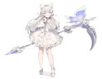  1girl absurdres animal_ear_fluff animal_ears arm_behind_back bow breasts choker closed_mouth frills gogoco grey_hair half-closed_eyes heart highres holding holding_scythe holding_weapon large_breasts long_hair original scythe simple_background smile solo violet_eyes weapon white_background white_bow white_choker white_legwear white_theme 