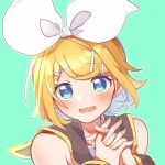  1girl aqua_background bare_shoulders blonde_hair blue_eyes bow duplicate fang fingers_together hair_bow hair_ornament hairclip highres kagamine_rin large_bow open_mouth sailor_collar skin_fang solo tatibanamarin upper_body vocaloid white_bow yellow_nails 