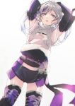  1girl :o arm_strap bangs black_footwear black_shorts boots contender_(girls_frontline) cross-laced_footwear elbow_gloves girls_frontline gloves greyscale hair_between_eyes lace-up_boots monochrome multicolored_hair open_mouth purple_hair satsumi see-through see-through_sleeves short_hair short_sleeves shorts simple_background solo streaked_hair thigh-highs thigh_boots violet_eyes white_background zettai_ryouiki 
