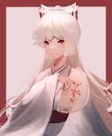  1girl absurdres alternate_costume border bow brown_border closed_mouth folding_fan fujiwara_no_mokou hair_bow hand_fan highres holding holding_fan long_hair looking_at_viewer red_eyes solo touhou upper_body white_background white_hair yuhel 