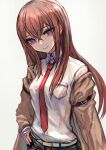  1girl absurdres bangs blue_eyes breast_pocket breasts brown_hair closed_mouth collared_shirt hair_between_eyes hand_on_hip head_tilt highres jacket long_hair long_sleeves looking_at_viewer makise_kurisu necktie pocket red_neckwear sabamisob shirt simple_background small_breasts smile solo steins;gate upper_body white_shirt 