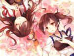  2girls akagi_(kantai_collection) blush brown_eyes brown_hair closed_eyes flower japanese_clothes kaga_(kantai_collection) kantai_collection long_hair looking_at_viewer multiple_girls muneate playing_with_another&#039;s_hair short_hair side_ponytail toosaka_asagi white_background 