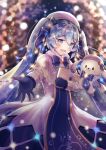  1girl :d blue_eyes blue_hair blue_ribbon blurry blurry_background book coat eyebrows_visible_through_hair gloves hair_between_eyes hatsune_miku holding holding_book long_hair long_sleeves open_mouth outstretched_hand ribbon smile snowflakes solo treble_clef twintails vocaloid winter_clothes winter_coat yashirupe yuki_miku yuki_miku_(2021) 