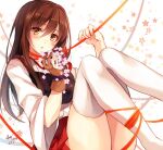  1girl akagi_(kantai_collection) brown_eyes brown_hair flower japanese_clothes kantai_collection long_hair looking_at_viewer muneate pleated_skirt signature skirt solo thigh-highs toosaka_asagi white_legwear zettai_ryouiki 