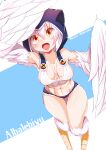  1girl abs absurdres albalebiyu_(master_nabesama) arm_up armpits artist_name bangs bird_legs black_hoodie blue_background blue_shorts breasts character_name collarbone commentary_request dutch_angle eyebrows_visible_through_hair eyes_visible_through_hair fang feathered_wings feathers hair_between_eyes harpy highres hood hood_up hoodie looking_at_viewer master_nabesama medium_breasts micro_shorts monster_girl navel original revealing_clothes shading_eyes short_hair shorts skin_fang smile solo thigh_gap white_background white_feathers white_hair winged_arms wings yellow_eyes 