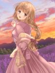  1girl :d arm_up bangs blunt_bangs blurry blurry_background braid braided_ponytail brown_hair dutch_angle eyebrows_visible_through_hair field fingernails flower flower_field forest gradient_sky head_tilt high-waist_skirt konpeito1025 lavender_(flower) light_blush long_hair long_sleeves looking_at_viewer looking_back mountainous_horizon nail_polish nature open_mouth original outdoors plaid plaid_scarf purple_shirt purple_skirt scarf shirt skirt sky smile solo sunset upper_teeth violet_eyes 