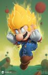  1boy angry aqua_eyes artist_name aura big_nose blonde_hair brown_footwear clenched_hands clenched_teeth cliff commentary debris denim dragon_ball dragon_ball_z facial_hair full_body gloves hat highres looking_down marc_pi mario super_mario_bros. mustache outdoors parody rock shoes solo spiky_hair super_saiyan teeth torn_clothes tree white_gloves 