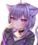  1girl :3 absurdres animal_ears bangs black_choker black_jacket cat_ears cat_tail choker collarbone commentary_request deaver eyebrows_visible_through_hair hand_up highres hololive jacket long_sleeves nekomata_okayu purple_hair short_hair simple_background solo tail upper_body violet_eyes virtual_youtuber white_background 