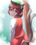  1girl animal_ear_fluff animal_ears bangs brown_hair cat_ears cat_tail chen dress earrings eyebrows_visible_through_hair fang green_headwear hair_between_eyes hat highres jewelry long_sleeves looking_at_viewer looking_back multiple_tails nose_(oekaki1825) red_dress red_eyes short_hair smile solo tail touhou 