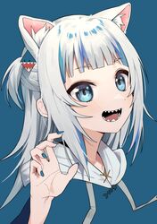  1girl :d animal_ear_fluff animal_ears bangs blue_background blue_eyes blue_hair blue_nails blush cat_ears commentary_request drawstring eyebrows_visible_through_hair gawr_gura hair_ornament hand_up hololive hololive_english hood hood_down kemonomimi_mode long_hair long_sleeves looking_at_viewer multicolored_hair nail_polish open_mouth sharp_teeth sidelocks silver_hair simple_background smile solo streaked_hair syhan teeth two_side_up virtual_youtuber wide_sleeves 