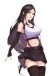  1girl absurdres bangs bare_shoulders black_hair black_legwear black_skirt breasts closed_mouth commentary elbow_gloves final_fantasy final_fantasy_vii final_fantasy_vii_remake fingerless_gloves gloves hand_on_hip highres large_breasts li894887897 lips long_hair looking_at_viewer midriff miniskirt navel parted_bangs red_eyes shiny shiny_hair simple_background skirt sleeveless solo stomach suspender_skirt suspenders tank_top thigh-highs thighs tifa_lockhart white_background white_tank_top zettai_ryouiki 