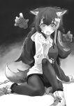  1girl animal_ears blush crying disembodied_limb eyebrows_visible_through_hair greyscale highres hololive hood hoodie leggings long_hair looking_at_viewer mochiyuki_(gigfor1) monochrome ookami_mio open_hands open_mouth scared sitting solo tail trembling two-tone_hoodie virtual_youtuber wolf_ears wolf_girl wolf_tail 