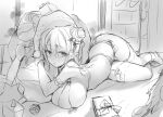  1girl absurdres bangs breasts daefny eyebrows_visible_through_hair garter_belt greyscale highres looking_at_viewer lying monochrome on_stomach original pointy_ears santa_costume sketch solo thigh-highs 