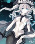  1girl abyssal_ship black_gloves blue_eyes bodysuit cape gloves glowing glowing_eyes highres kantai_collection long_hair looking_at_viewer pale_skin signature silver_hair solo staff toosaka_asagi wo-class_aircraft_carrier 