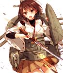  1girl brown_eyes brown_hair hyuuga_(kantai_collection) japanese_clothes kantai_collection looking_at_viewer open_mouth short_hair skirt solo sword toosaka_asagi weapon 