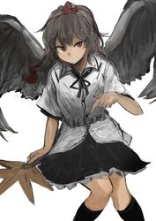  1girl belt bird_wings black_legwear black_neckwear black_ribbon black_skirt closed_mouth fan grey_hair grey_nails grey_wings hand_up hat holding holding_fan invisible_chair looking_at_viewer miniskirt ne_kuro neck_ribbon red_eyes red_headwear ribbon shameimaru_aya shirt simple_background sitting skirt socks solo spread_wings tokin_hat touhou white_background white_shirt wings 