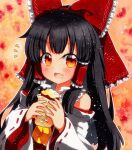  1girl bangs bare_shoulders black_hair blush bow collar dress eyebrows_visible_through_hair food food_on_face hair_tubes hakurei_reimu hands_up long_hair long_sleeves looking_at_viewer multicolored multicolored_eyes open_mouth orange_background orange_eyes qqqrinkappp red_background red_bow red_dress red_eyes shikishi smile solo touhou traditional_media white_collar white_sleeves yellow_background yellow_eyes yellow_neckwear 