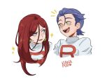  1boy 1girl alternate_hairstyle artist_name blue_eyes blue_hair blush closed_mouth eyebrows_visible_through_hair eyes_visible_through_hair green_eyes hair_between_eyes hair_slicked_back highres james_(pokemon) jessie_(pokemon) kiana_mai long_hair looking_at_another open_mouth pokemon red_lips signature simple_background smile sparkle team_rocket teeth tongue turtleneck upper_body upper_teeth white_background 