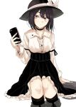  1girl arm_at_side black_choker black_headwear black_legwear black_ribbon black_skirt bow cellphone choker closed_mouth collared_shirt fingernails grey_nails hand_up hat hat_bow high-waist_skirt holding holding_phone legs_together long_sleeves looking_at_viewer medium_hair nail_polish ne_kuro phone purple_hair red_eyes ribbon shirt simple_background skirt smartphone socks solo touhou usami_renko white_background white_bow white_shirt wing_collar 