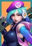  1girl arcade_caitlyn bare_shoulders beret blue_border blue_gloves blue_hair border breasts caitlyn_(league_of_legends) copyright_request elbow_gloves fingernails gloves gradient_gloves gun hand_up hat headphones highres holding holding_gun holding_weapon large_breasts league_of_legends one_eye_closed purple_gloves purple_headwear red_lips signature solo sparrowl upper_body violet_eyes weapon 
