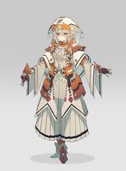  1girl armor black_gloves blush closed_mouth eyebrows_visible_through_hair fingerless_gloves flp_30 full_body gloves gradient gradient_background grey_background grey_hair hair_between_eyes hat highres japanese_armor japanese_clothes long_hair monster_hunter orange_eyes pauldrons shoulder_armor solo standing 