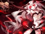  2girls abyssal_ship anchorage_princess blonde_hair elbow_gloves gloves glowing glowing_eyes kantai_collection long_hair multiple_girls pale_skin red_eyes shimakaze_(kantai_collection) showgirl_skirt silver_hair striped striped_legwear thigh-highs toosaka_asagi 