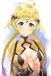  1girl absurdres ahoge alternate_hairstyle bangs blonde_hair blue_eyes braid breasts circlet closed_mouth commission commissioner_upload fire_emblem fire_emblem_fates hands_together highres igni_tion looking_at_viewer medium_breasts ophelia_(fire_emblem) simple_background sparkle upper_body 