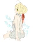 1girl ahoge akamakoto ass back backless_outfit bangs bare_back bare_shoulders blonde_hair blush braid breasts dress fate/extra fate_(series) french_braid green_eyes grey_sweater hair_between_eyes hair_bun hair_intakes large_breasts long_hair looking_at_viewer looking_back meme_attire nero_claudius_(fate) nero_claudius_(fate)_(all) no_bra no_panties open_mouth ribbed_sweater sideboob sitting sweater sweater_dress translation_request turtleneck virgin_killer_sweater