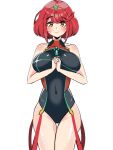  1girl arms_under_breasts asymmetrical_hair bangs bare_shoulders black_leotard blush breasts collarbone covered_navel cowboy_shot diadem dot_nose eyebrows eyebrows_visible_through_hair eyelashes female hands_together highres iruka large_breasts leotard looking_at_viewer navel pyra_(xenoblade) redhead shiny shiny_clothes shiny_hair shiny_skin short_hair simple_background smile solo solo_focus standing white_background xenoblade_chronicles_(series) xenoblade_chronicles_2 yellow_eyes 