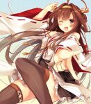  1girl ahoge bare_shoulders boots brown_hair brown_legwear detached_sleeves double_bun hair_ornament hairband headgear japanese_clothes kantai_collection kongou_(kantai_collection) long_hair looking_at_viewer nontraditional_miko one_eye_closed open_mouth outstretched_hand pleated_skirt ribbon_trim signature skirt smile solo thigh-highs thigh_boots toosaka_asagi zettai_ryouiki 