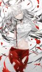  1girl absurdres arms_behind_back bangs blood bow choker closed_eyes collared_shirt commentary_request contrapposto cowboy_shot crossed_bangs cuts eyebrows_visible_through_hair fujiwara_no_mokou gradient gradient_background grey_background hair_between_eyes hair_bow head_tilt highres hiiro60 injury midriff navel pants red_pants shirt sidelocks silver_hair solo standing stomach suspenders thigh_gap torn_clothes touhou white_shirt 