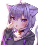  1girl :p absurdres animal_ears bangs black_choker black_jacket cat_ears cat_tail choker collarbone commentary_request deaver eyebrows_visible_through_hair hand_up highres hololive jacket long_sleeves nekomata_okayu purple_hair short_hair simple_background solo tail tongue tongue_out upper_body violet_eyes virtual_youtuber white_background 