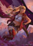  1girl abs artist_name biceps blonde_hair clenched_hands crop_top final_fantasy final_fantasy_xiv fingerless_gloves flag flower gloves greaves highres jewelry linda_lithen lyse_hext midriff mountain navel necklace parted_lips petals rose_petals short_shorts shorts sleeveless sleeveless_jacket solo stomach toned 