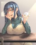  1girl apron blue_eyes blue_hair blush breasts cup drinking_glass earrings eyebrows_visible_through_hair green_sweater hair_between_eyes highres holding holding_cup jewelry kantai_collection kokuzou large_breasts long_hair long_sleeves official_alternate_costume open_mouth smile solo souryuu_(kancolle) sweater yellow_apron 