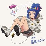  1boy alternate_hair_color bike_shorts blue_hair boots bottle clenched_teeth commentary_request fake_ears fake_tail hairband hand_in_pocket hau_(pokemon) hood hood_down hoodie knees long_hair looking_at_viewer male_focus mikanbako_(aitatadon3) milk milk_bottle moomoo_milk pokemon pokemon_(game) pokemon_sm smile solo tail teeth translation_request violet_eyes 