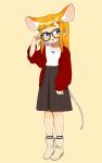  +_+ 1girl :3 :d adjusting_eyewear animal_ear_fluff animal_ears black-framed_eyewear black_skirt blonde_hair blue_eyes boots buttons cardigan collarbone extra_ears full_body glasses hair_ornament hairclip high-waist_skirt highres indie_virtual_youtuber long_sleeves looking_away looking_to_the_side mouse_ears mouse_girl mouse_tail naname_(virtual_youtuber) okunin open_cardigan open_clothes open_mouth red_cardigan shirt simple_background skirt sleeves_past_wrists smile socks solo standing striped striped_legwear tail thick_eyebrows unbuttoned virtual_youtuber white_shirt 