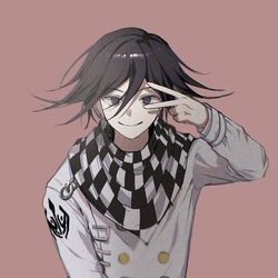  1boy bangs black_hair checkered checkered_neckwear checkered_scarf commentary_request dangan_ronpa_(series) dangan_ronpa_v3:_killing_harmony double-breasted gatobau grey_jacket hair_between_eyes hand_up jacket long_sleeves looking_at_viewer male_focus ouma_kokichi scarf shiny shiny_hair smile solo straitjacket upper_body v v_over_eye 