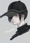  1girl ahoge artist_name bangs black_hair black_headwear black_jacket brown_eyes closed_mouth commentary_request dangan_ronpa_(series) dangan_ronpa_v3:_killing_harmony grey_background hat jacket long_sleeves male_focus nyuukazai pale_skin portrait saihara_shuuichi short_hair simple_background solo striped striped_jacket twitter_username 