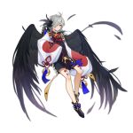  absurdres ahoge arknights black_feathers black_wings feathers grey_hair hair_over_one_eye highres lan_zhu_gu long_sleeves looking_at_viewer one_eye_covered red_ribbon ribbon short_hair simple_background tachi-e white_background wide_sleeves wings yellow_eyes 