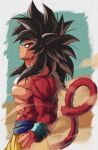  bangs bare_pecs biceps black_hair body_fur closed_mouth debris dragon_ball dragon_ball_gt dust dust_cloud from_side highres looking_up monkey_boy monkey_tail no_nipples pants profile red_fur relio_db318 simple_background smile solo son_goku spiky_hair standing super_saiyan super_saiyan_4 tail yellow_pants 