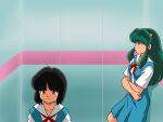  2girls blue_eyes brown_eyes brown_hair crossed_arms elevator green_hair horns looking_away lum miyake_shinobu moechiki multiple_girls neon_genesis_evangelion oni parody red_ribbon ribbon scene_reference school_uniform urusei_yatsura 