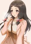  1girl black_hair blush bow breasts brown_eyes emu_(emum) hair_bow hair_ornament hand_to_own_mouth hand_up highres idolmaster idolmaster_cinderella_girls large_breasts long_hair long_sleeves looking_ahead oonuma_kurumi open_mouth parted_lips red_bow simple_background solo white_background 