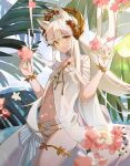  1girl animal_ears arknights bangs bare_shoulders breasts brown_eyes eyebrows_visible_through_hair flower headpiece highres horse_ears lan_zhu_gu leaf long_hair looking_at_viewer midriff navel platinum_(arknights) small_breasts solo swimwear thigh_strap thighs water white_hair wristband 