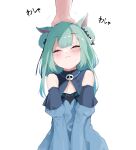  1girl animal_ears artist_request bangs bare_shoulders blush cat_ears closed_eyes double_bun facing_up flat_chest green_hair highres hololive medium_hair petting smile uruha_rushia 